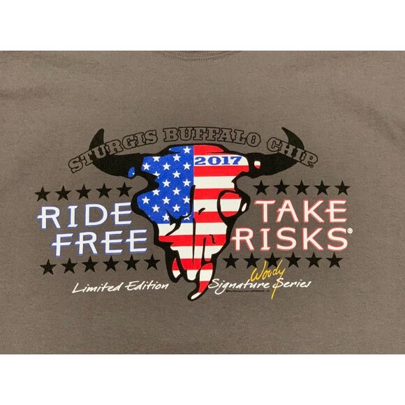 Sturgis Buffalo Chip 2017 Ride Free Take Risks Biker Rall Mens T-Shirt Size 2XL - Picture 3 of 12